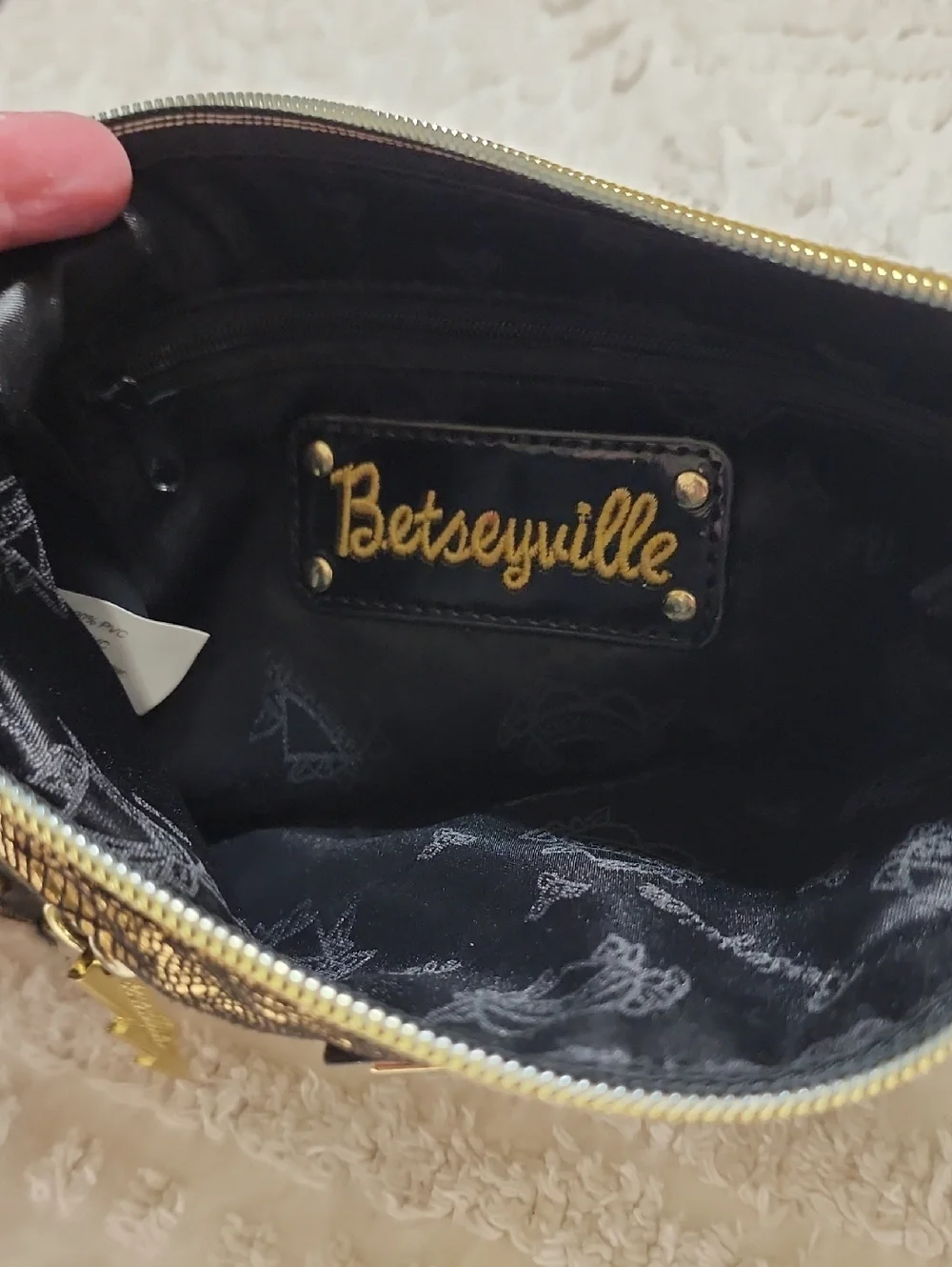 Betsy Johnson Gold Metallic Wristlet Black Trim Betsyville 10x6